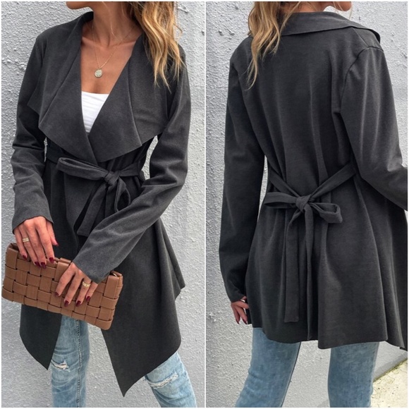 Plus Charcoal Grey Waterfall Belted Jacket Coat Winter - Picture 2 of 3